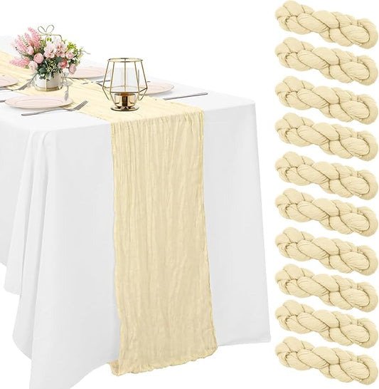 10 Pack Beige Cheesecloth Table Runner 10FT Boho Gauze Fabric Table Runner Vintage Rustic Sheer Runners for Wedding Party Bridal Baby Shower Long Table Decorations