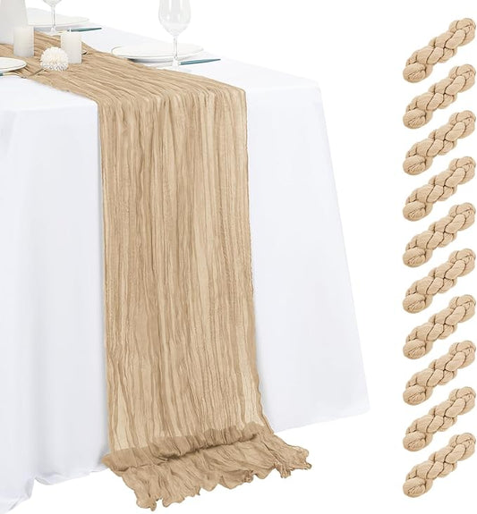 10 Pack Beige Cheesecloth Table Runner 17x108 Inch Semi Sheer Boho Gauze Cheese Cloth Table Runners, for Wedding Bridal Shower Birthday Party Home Decor Garden Farmhouse