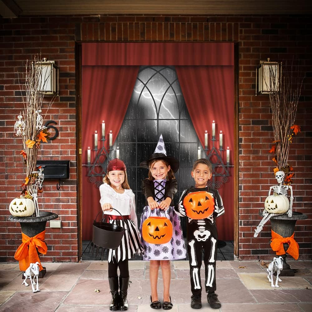 Renaiss 8x12ft Vintage Gothic Window Backdrop Red Curtain Candlestick Black Floor Lightning Stormy Sky Vampire Medieval Castle Photography Background Halloween Dress Up Party Decors Photo Booth Props