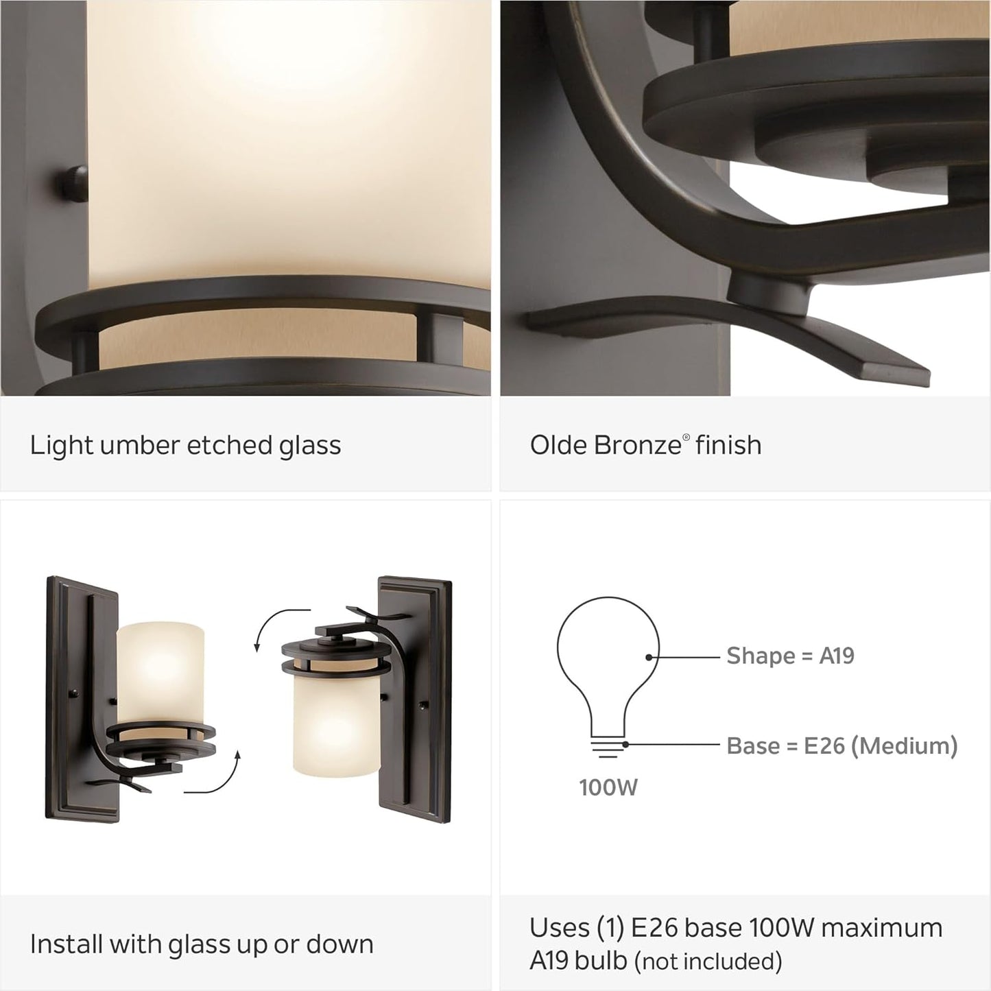 Kichler Hendrik 12” Wall Light Fixture in Olde Bronze with Umber Etched Glass, 1-Light Wall Lamp for Bedroom or Living Room, 5076OZ