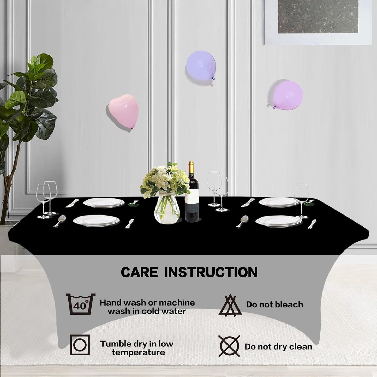 IVAPUPU 8FT Spring Table Cloth for Rectangular Fitted Events Stretch Black Table Covers Washable Cover Spandex Tablecloth Protector for Party, Wedding, Cocktail, Banquet, Festival