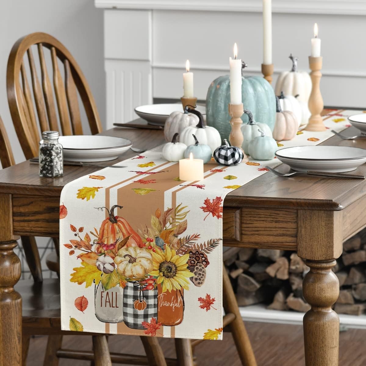 Artoid Mode Thankful Fall Pumpkin Leaves Floral Vases Table Runner, Autumn Thanksgiving Kitchen Dining Table Decoration for Home Party Decor 13x108 Inch
