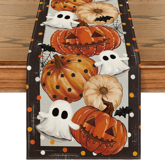 Artoid Mode Jack-O'-Lantern Pumpkin Ghost Spider Web Halloween Table Runner,Holiday Kitchen Dining Table Decoration for Home Party Decor 13 x 120 Inch