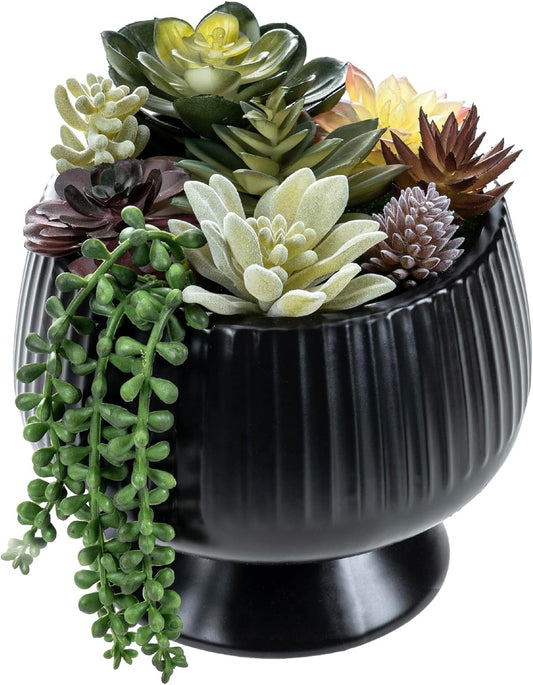 MyGift 8 Inch Modern Green Artificial Succulent Arrangement Potted in Matte Black Fluted Ceramic Round Planter, Decorative Plant Pot with Assorted Faux Mini Succulents