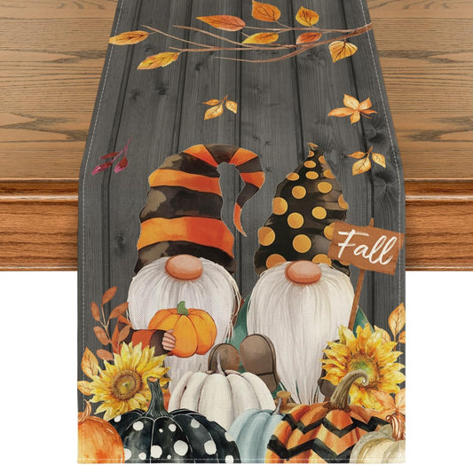 Artoid Mode Fall Gnomes Pumpkins Sunflower Maple Leaves Thanksgiving Table Runner, Seasonal Harvest Vintage Kitchen Dining Table Decoration for Indoor Outdoor Home Party Decor 13 x 48 Inch