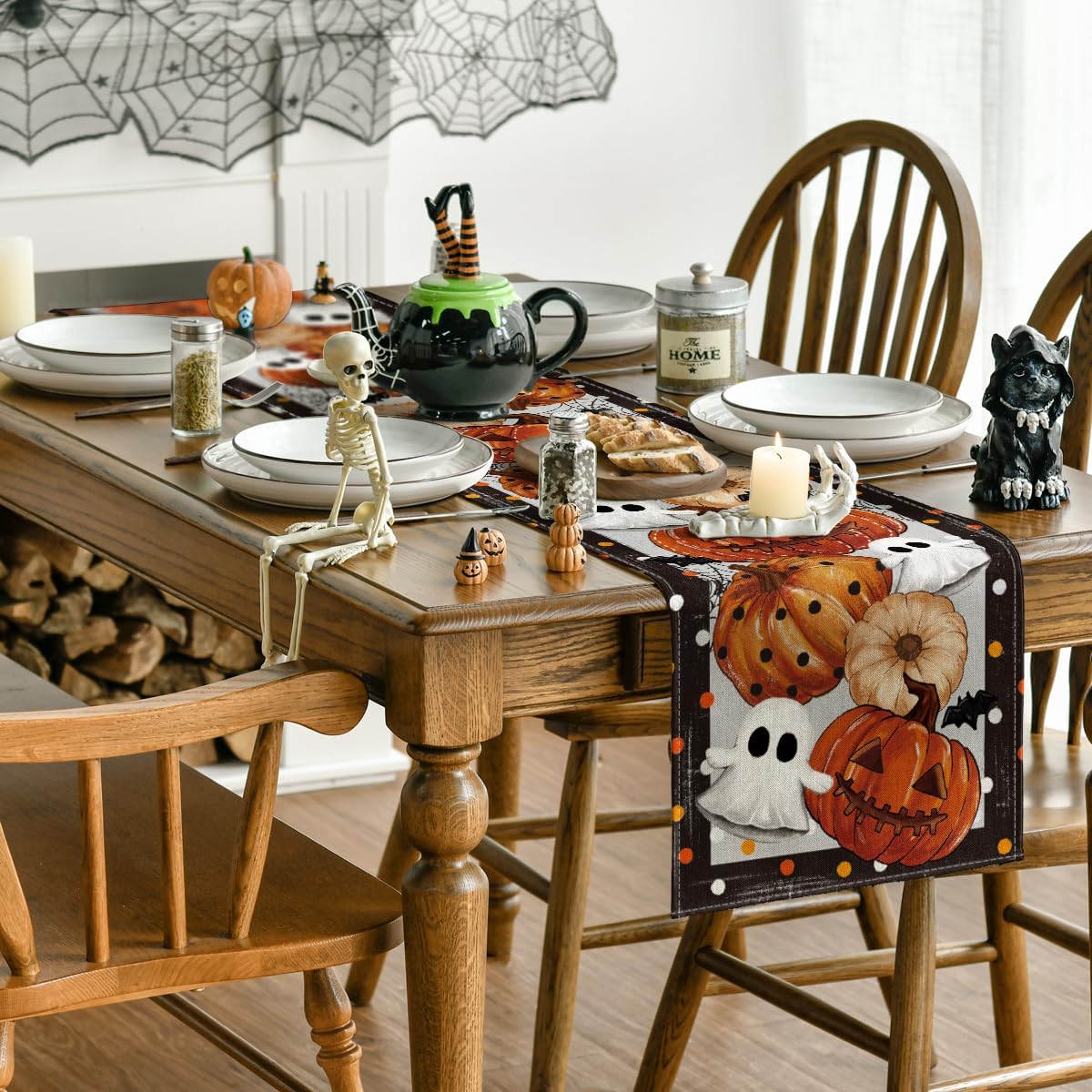 Artoid Mode Jack-O'-Lantern Pumpkin Ghost Spider Web Halloween Table Runner,Holiday Kitchen Dining Table Decoration for Home Party Decor 13 x 48 Inch