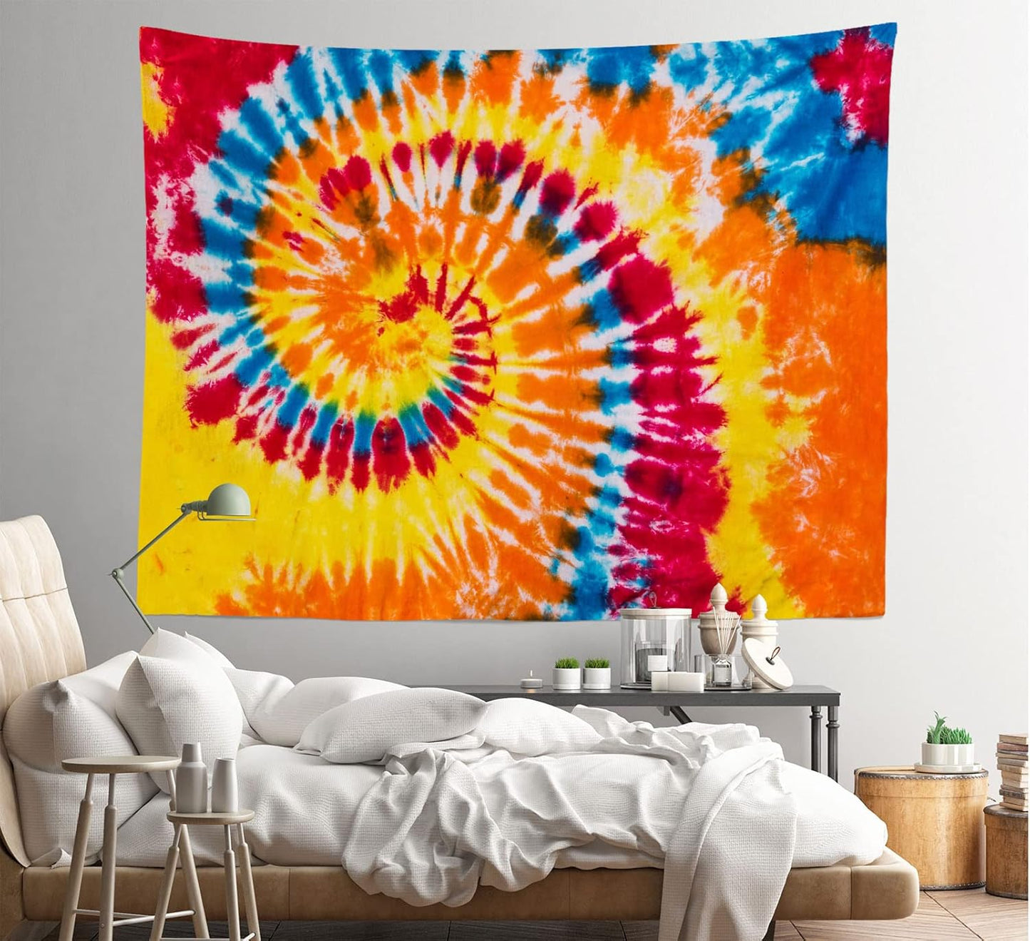 Loccor 5x4ft Tie Dye Tapestry Red Yellow Orange Blue Swirl Vortex Psychedelic Abstract Tapestry Bedroom Living Room College Hippie Bohemian Wall Hanging （Pattern Painted on Polyester Fabric）
