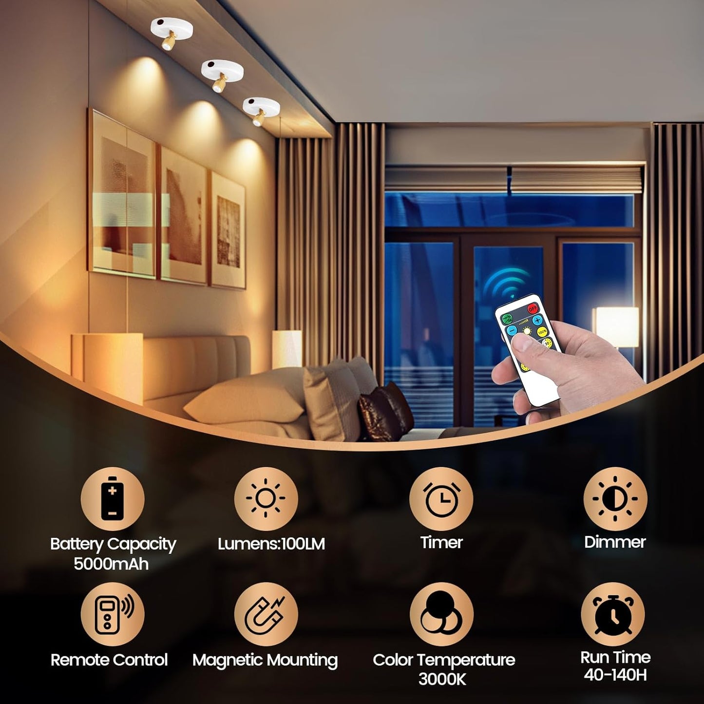 Rechargeable Spotlight, Battery Operated Picture Lights with Remote, Cordless Plant Spot Light Indoor, LED Accent Lighting, Dimmable Uplight for Tree Painting Artwork Photo Dartboard Decor