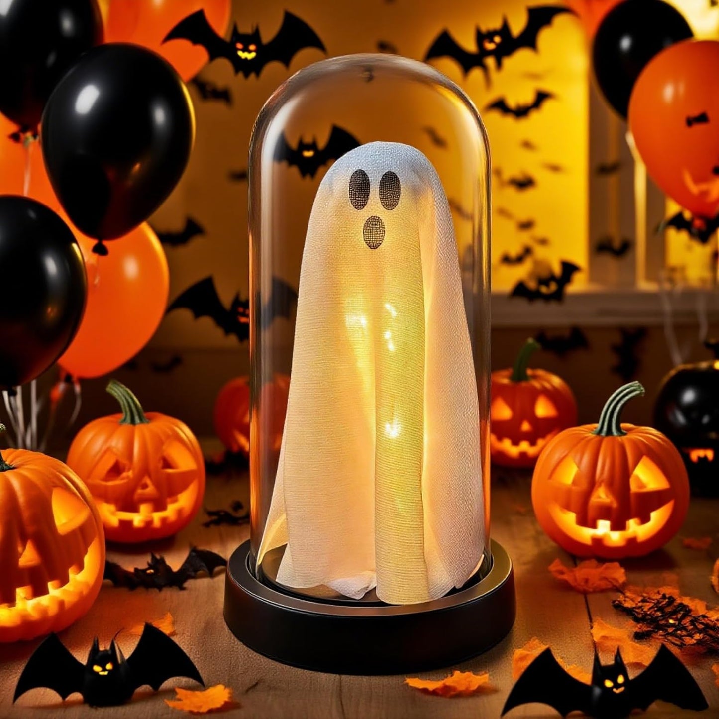 Light Up Ghost in Glass Cloche,Halloween Decorations Indoor,Cute LED Ghost Decor for Mantel,Tabletop,Cute Decorative Ornaments Suitable for Halloween Parties and Festivals(Colored Light,PVC Cover)
