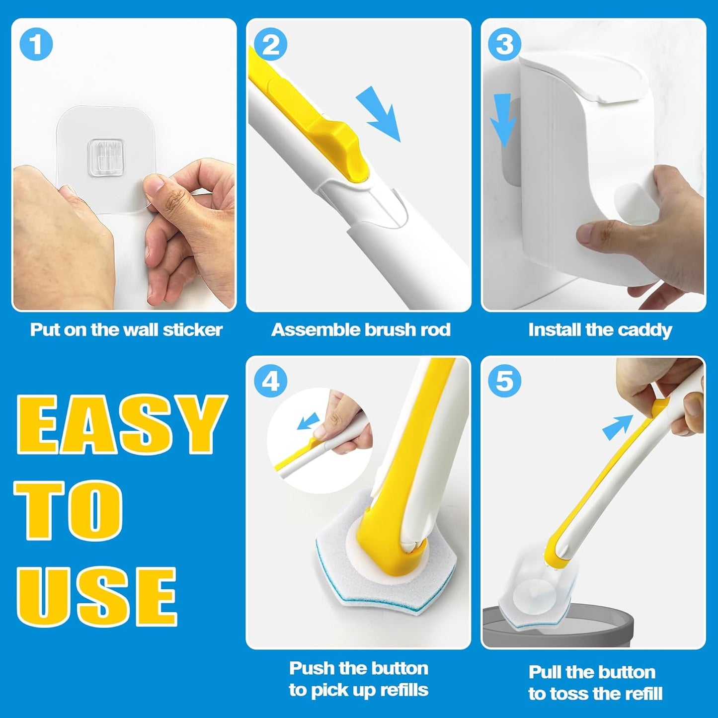 JEHONN Disposable Toilet Brush with 40PCS Wand Cleaner Refills, Wall Mounted Toilet Bowl Brush Holder Set, Bathroom Cleaning System for Sink Bathtub Wash Basin (Yellow)