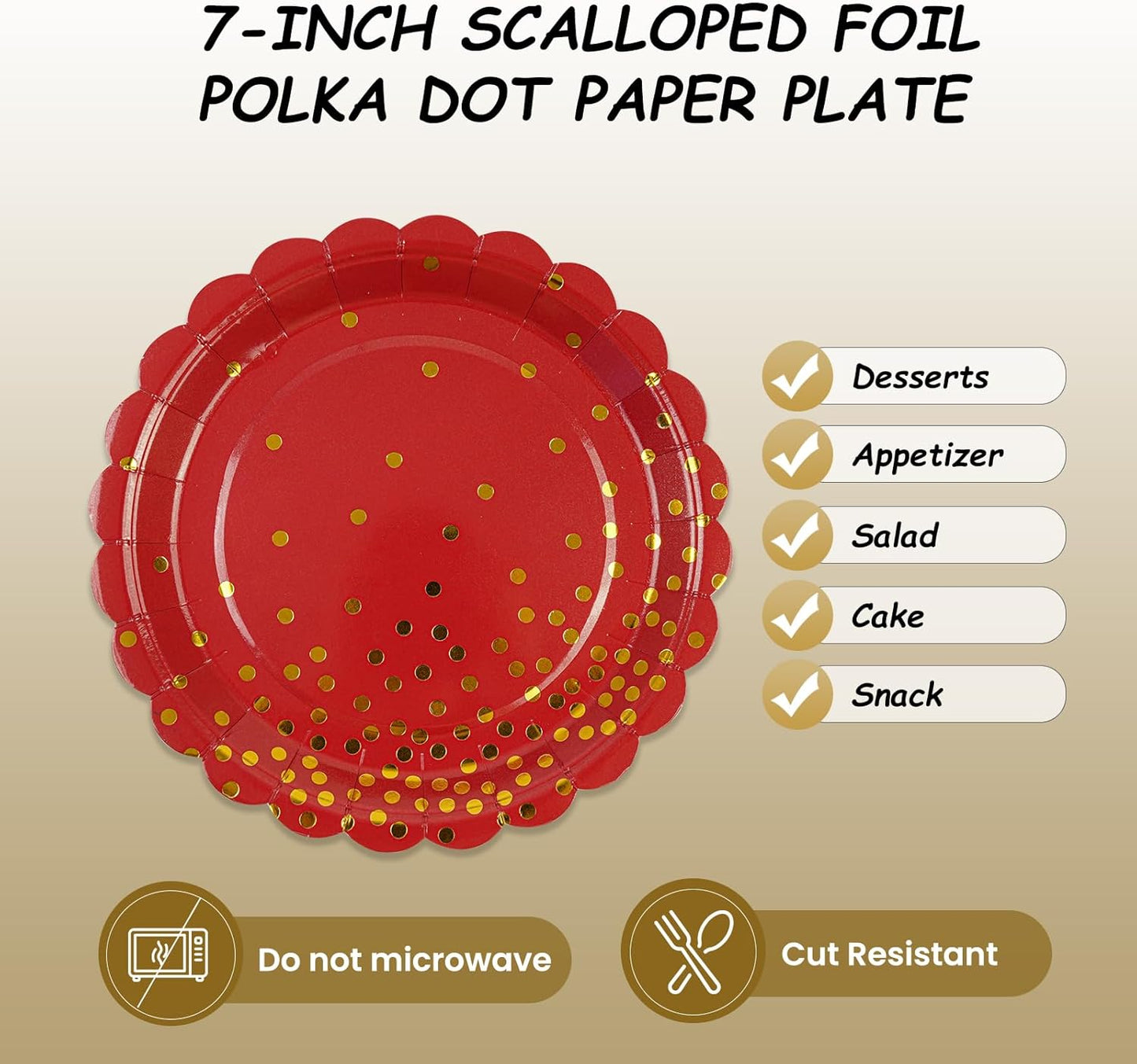 50PCS Red Paper Plates, 7 Inch Scalloped Red and Gold Party Plates Disposable Foil Polka Dots Dessert Plate Cake Plate for Wedding Baby Shower Birthday Anniversary Bachelorette Dinner BBQ