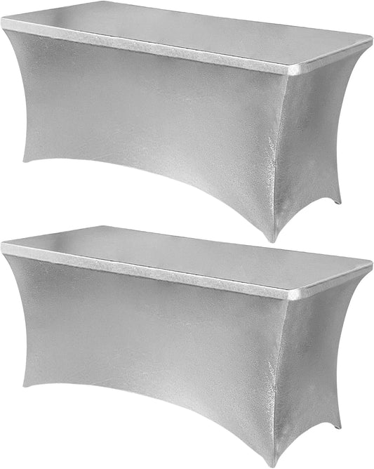 Obstal 6ft Stretch Spandex Table Cover for Standard Folding Tables - Universal Rectangular Fitted Tablecloth Protector for Wedding, Banquet and Party, 72L x 30W x 30H Inches, Stamping Silver, 2pc