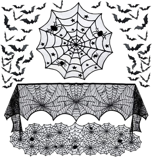 Hommtina 4 Pack Halloween Decorations Tablecloth Runner Black Lace Round Spider Cobweb Table Cover Fireplace Mantel Scarf Spiderweb with 60 Pcs 3D PVC Scary Black Bat Sticker Halloween Party Supplies
