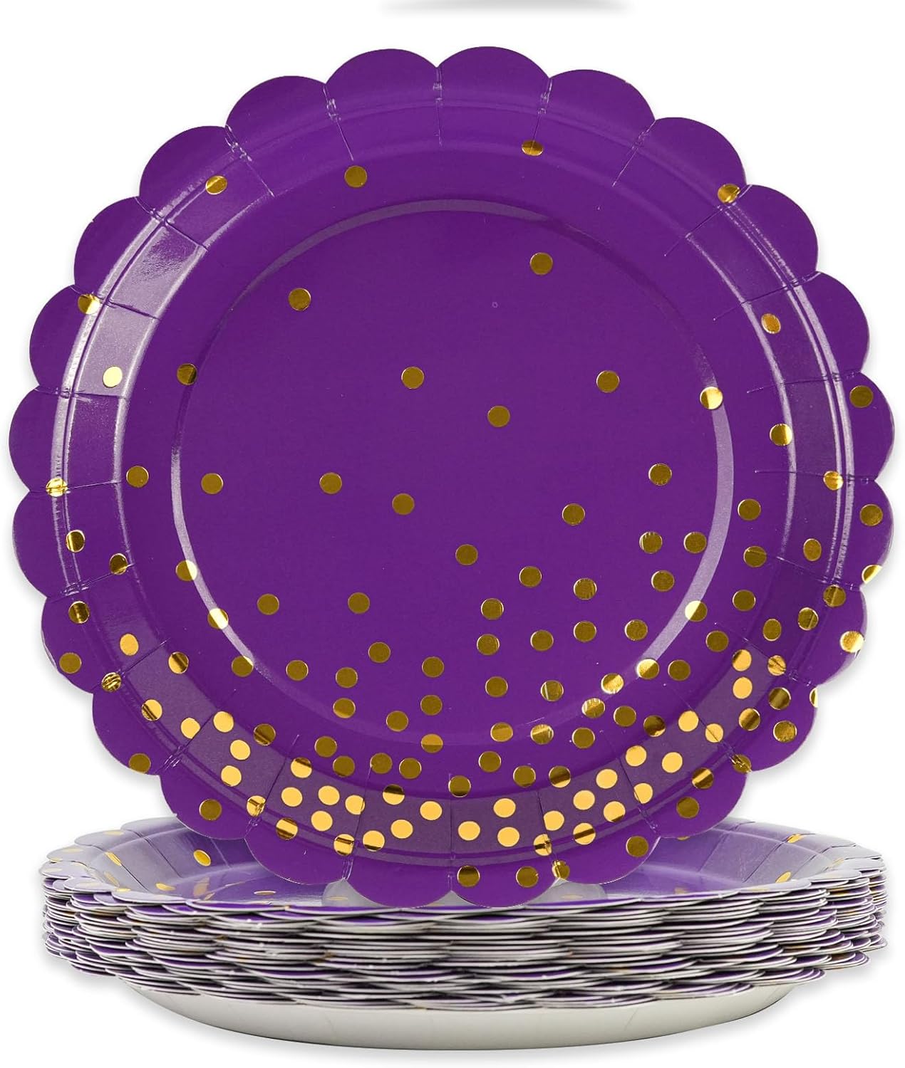 50PCS Purple Paper Plates, 7 Inch Scalloped Purple and Gold Party Plates Disposable Foil Polka Dots Dessert Plate Cake Plate for Wedding Baby Shower Birthday Anniversary Bachelorette Dinner BBQ