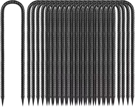 Rebar-Stakes-12-Inch, Ground Stakes Heavy Duty U-Hook Black Coated Anti-Rust Heavy Duty Ground Anchors for Garden Dog Fence Chicken Coop Christmas Decorations Deer Fence 20pcs