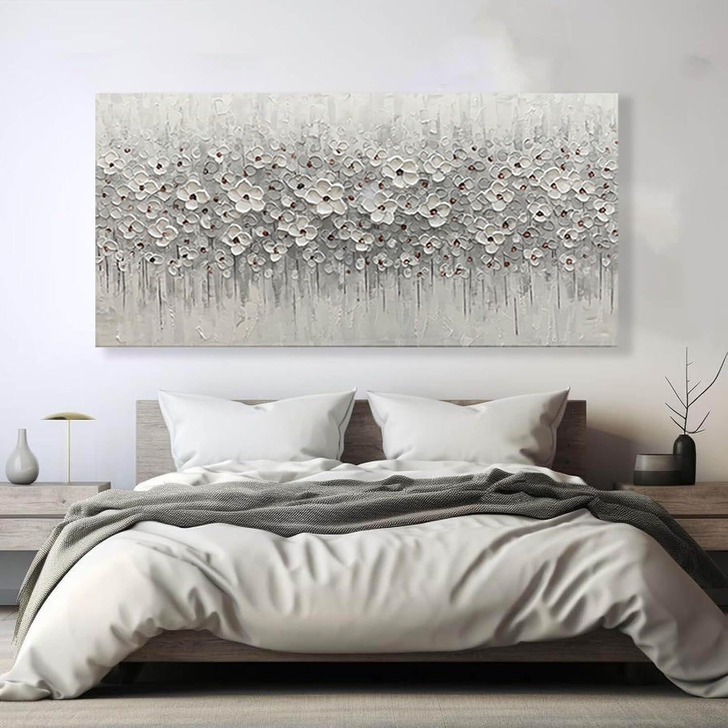 Large Canvas Wall Art for Living Room White Flowers Picture Hand-Painted Oil Painting Framed Artwork Modern Gallery Plant Decor Wall Decorations for Bedroom Bathroom Size 60x30 inch Ready to Hang