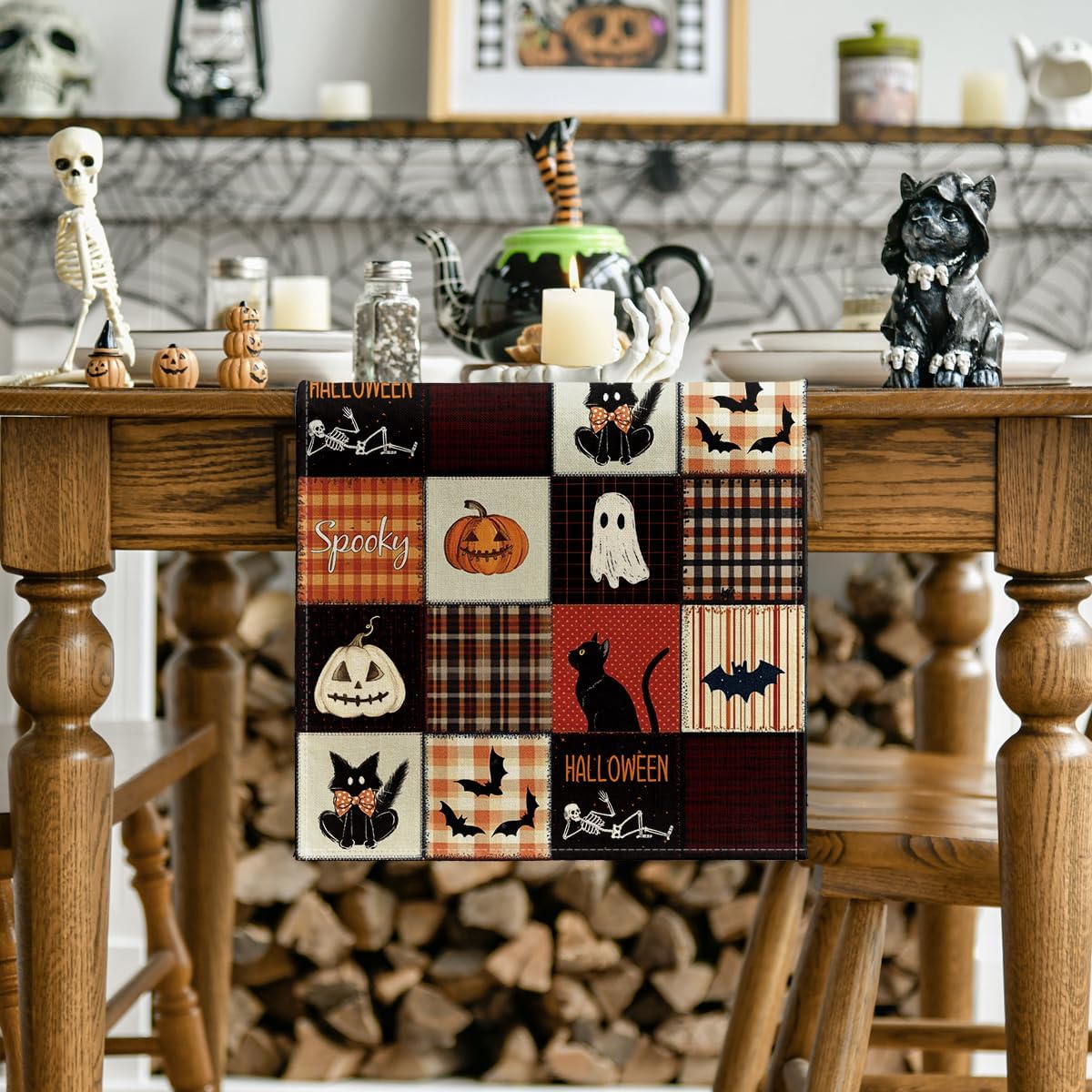 Artoid Mode Black Cat Bat Pumpkin Spooky 210 GSM Halloween Table Runner, Ghost Kitchen Dining Table Decoration for Home Party Decor 13x120 Inch