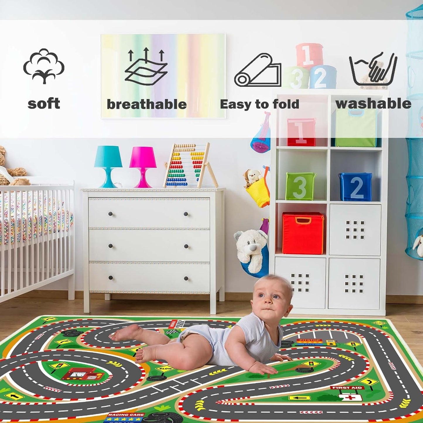 Kids Rug Race Track Play mat Playroom Rug Car Rugs for Kids Toy Cars Road Rugs for Kid Classroom (Race-Green, 2.6x3.9ft)