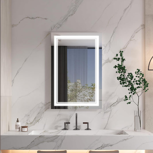 WELLFOR LED Bathroom Vanity Mirror 28 x 36 Inch, Lighted Anti-Fog Dimmable Mirror, IP44 Waterproof Wall Mounted Makeup Mirror, Packed with US Standard Plug and Touch Switch, (Horizontal/Vertical)