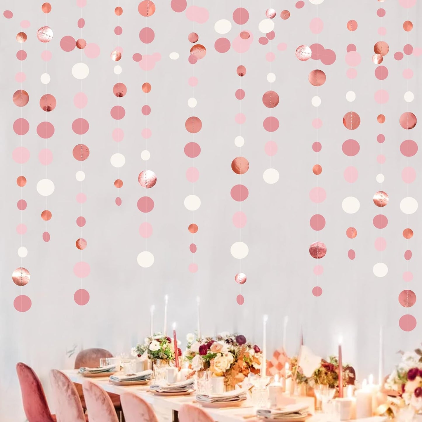 Rose Gold Party Decorations Dusty Pink Circle Dots Garland Blush Pink Hanging Paper Polka Dot Streamer for Birthday Wedding Bridal Shower Bachelorette Engagement Baby Shower Anniversary Party Supplies
