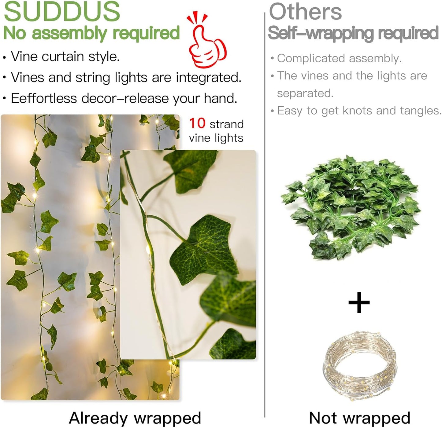 suddus Vines with Light for Bedroom, 200 LED Fairy Lights with Vines, Ivy Curtain Lights for Dorm, Wedding, Party, Wall, Indoor, Outdoor Decor, 6.5ft x 6.5ft