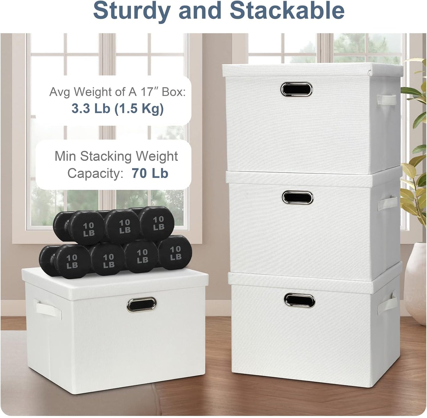 Large 17" 36 Quart Collapsible Stackable Storage Bins with Lids, 3 Packs White Linen Fabric Closet Boxes with Lids, Storage Cube Baskets Container Organizers for Bedroom Office(17 x12 x11)