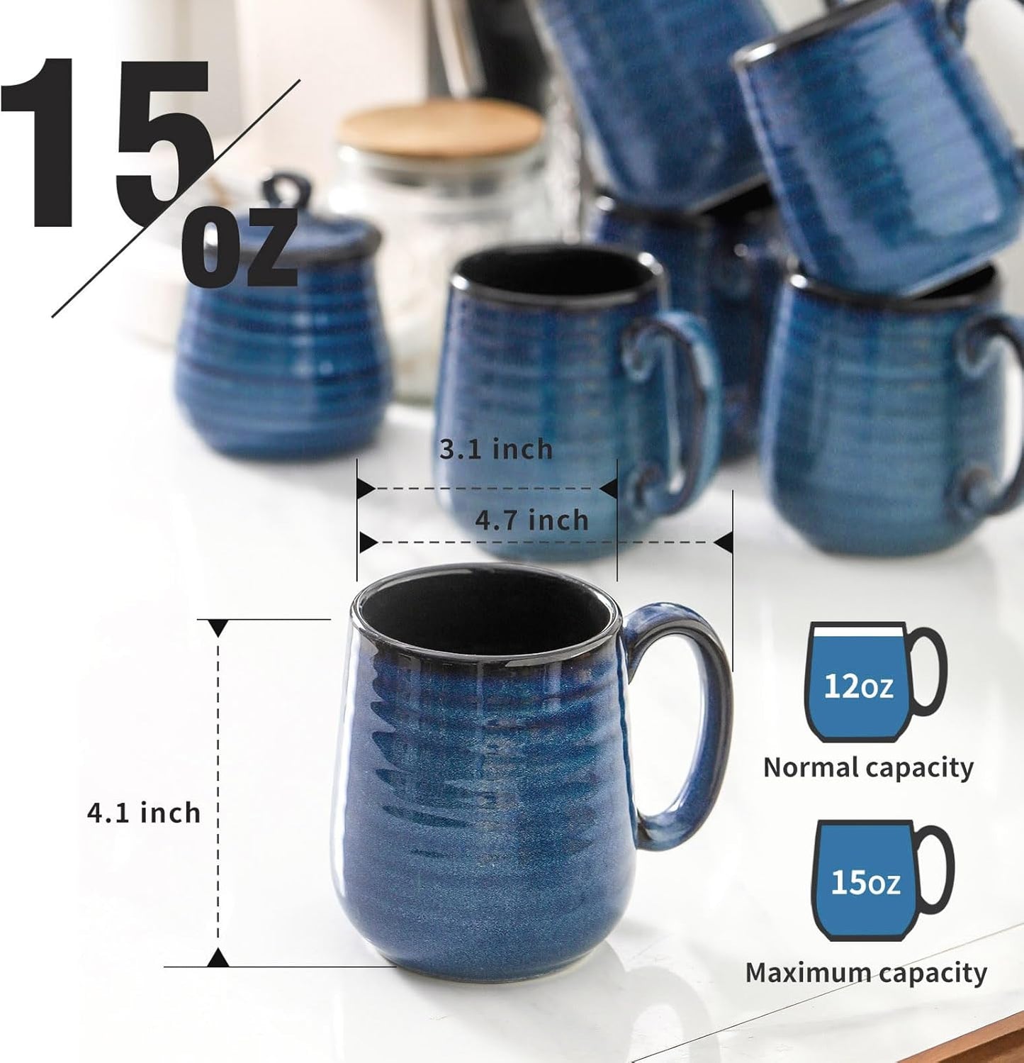Hasense Coffee Mugs Set of 6, 12 Ounce Coffee Cups Set with Handle, Ceramic Tea Mugs for Kitchen, Blue Latte Mugs for Coffee,Cocoa, Tea, Stylish Mug Gift, Dishwasher and Microwave Safe