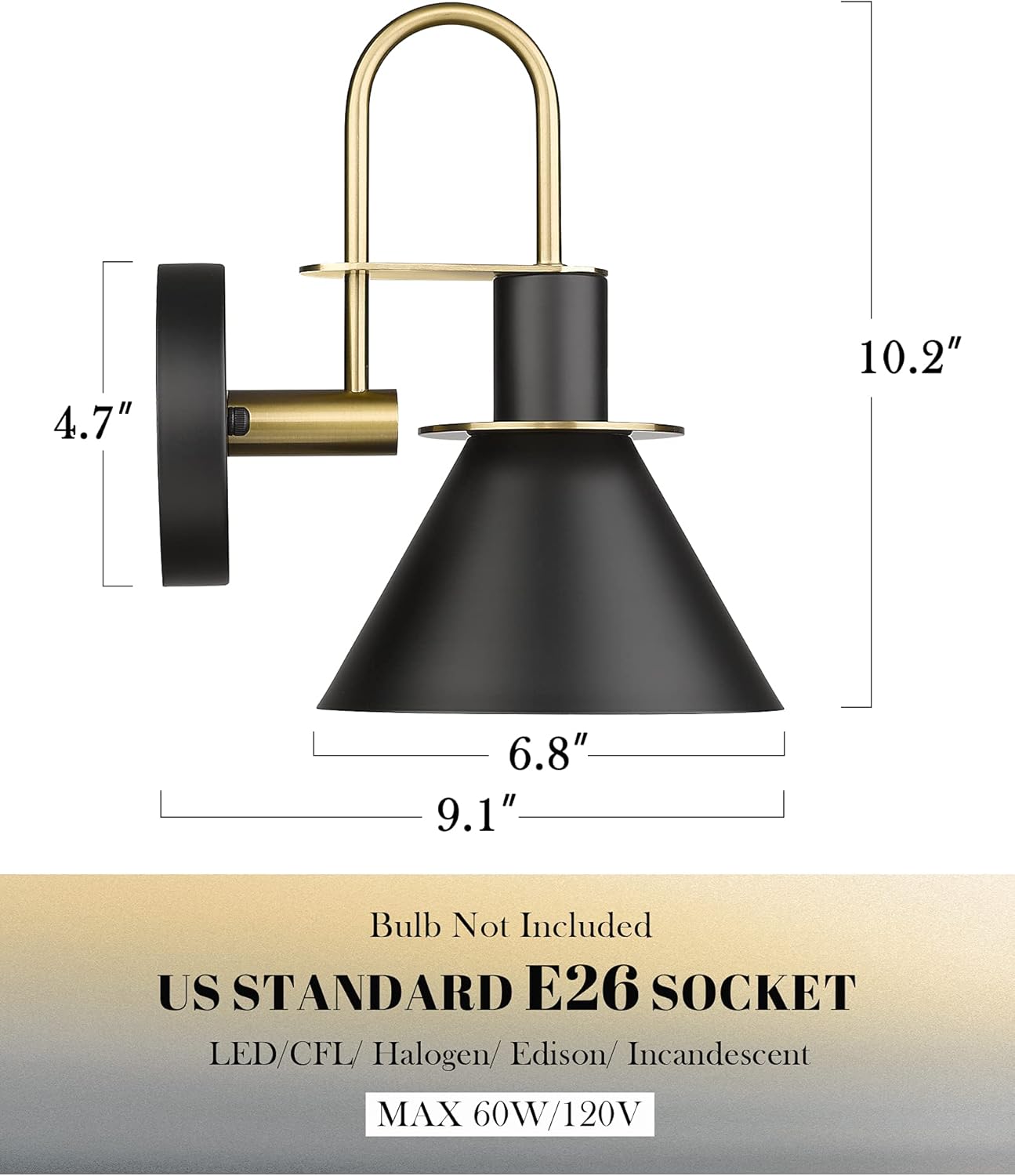 Modern 1 Light Bathroom Vanity Light Fixture, HWH Industrial Wall Sconce Lamp for Indoor Outdoor, Black Gold Finish Wall Light for Bedroom, Kitchen Sink, Above Mirror, 5HZG56B BK+BG