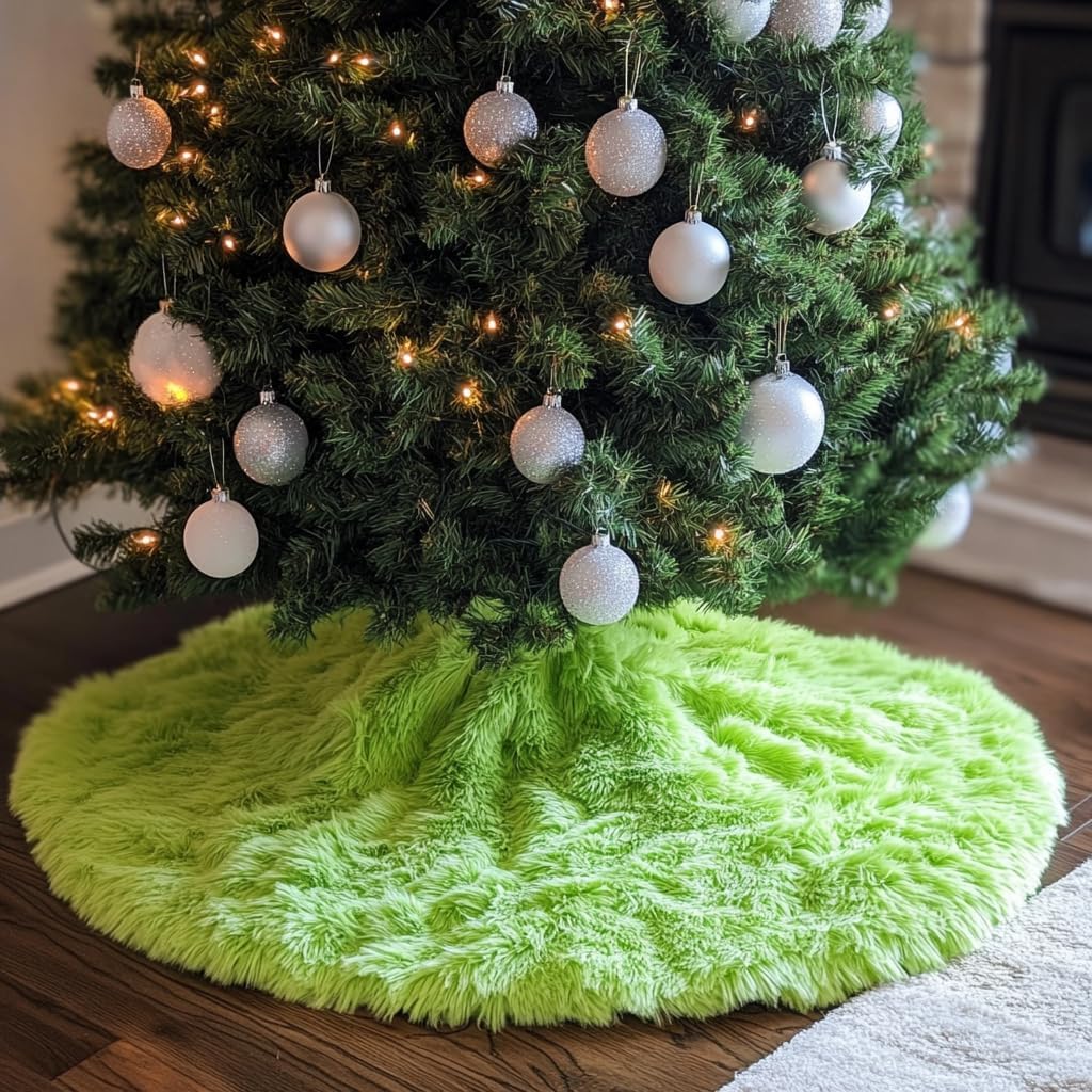 AOGU 48 Inch Faux Fur Christmas Tree Skirt Green Plush Skirt for Merry Christmas Party Christmas Tree Decoration