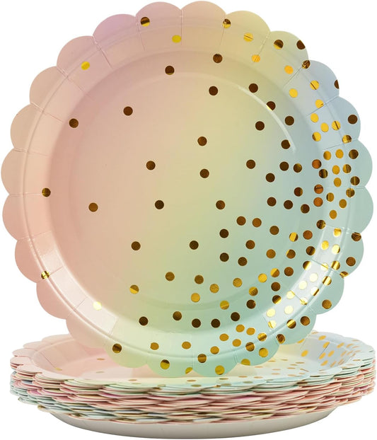 50PCS Pastel Rainbow Paper Plates, 7 Inch Scalloped Colorful and Gold Dot Party Plates Disposable Dessert Plate Cake Plate Pastel Party Supplies Decorations for Birthday Aniversary