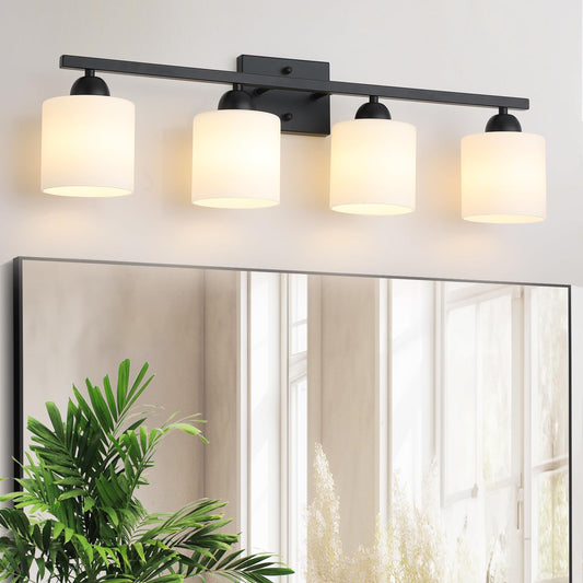 Milk Glass Vanity Lights for Bathroom, 4 Light Matte Black Bathroom Light Fixtures Over Mirror, Ceramic E26 Sockets Wall Mounted