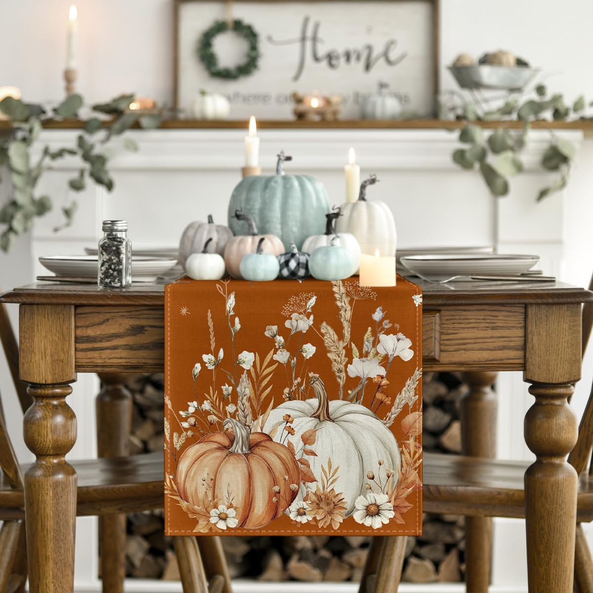 Artoid Mode Orange Pumpkins Leaves Flowers 210 GSM Fall Table Runner, Seasonal Autumn Kitchen Dining Table Decoration for Home Party Decor 13x36 Inch