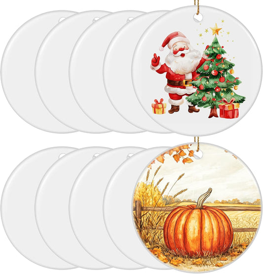Sublimation Ornament Blanks Bulk 2.83 Inch Round Blank Ornament Discs with Gold String for Crafting DIY Personalized Xmas Tree Keepsake Crafts Gift 10 Pieces