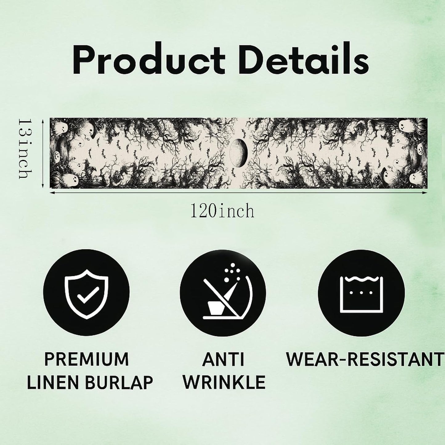 GPGHE Halloween Table Runner Black Ghost Holiday Burlap Table Decoration Indoor Outdoor Home Decor Party Supply 13 x 120 Inch