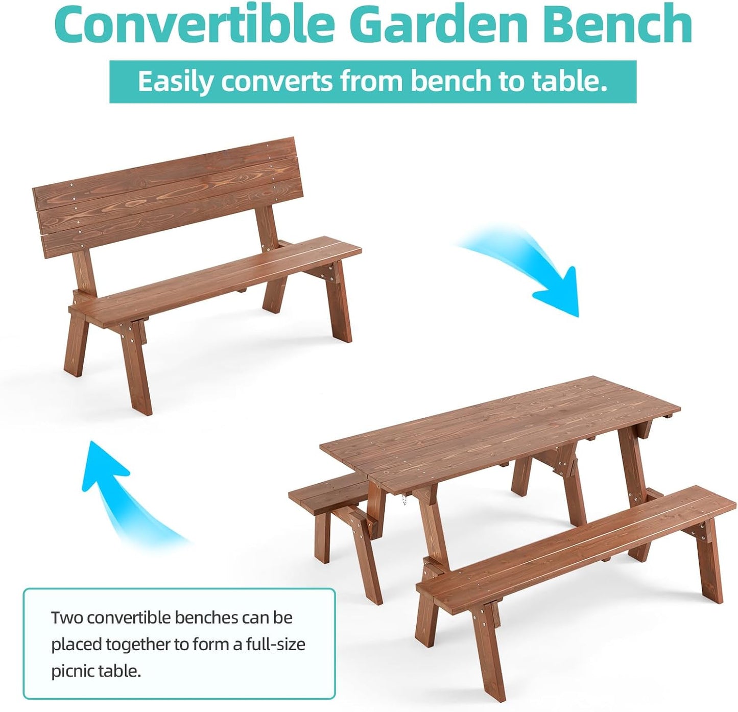 AVAWING Outdoor Convertible Wood Bench with Backrest, Patio Wood Convert a Bench, Space-Saving 2-in-1 Picnic Table Chairs Set for Backyard, Porch, Patio, Garden, Brown