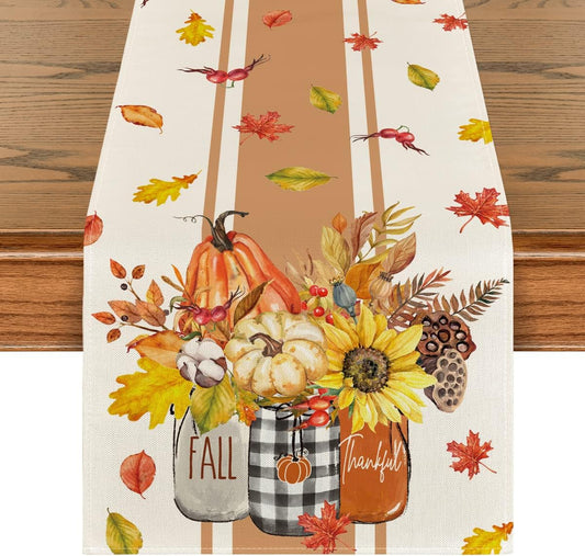 Artoid Mode Thankful Fall Pumpkin Leaves Floral Vases Table Runner, Autumn Thanksgiving Kitchen Dining Table Decoration for Home Party Decor 13x90 Inch