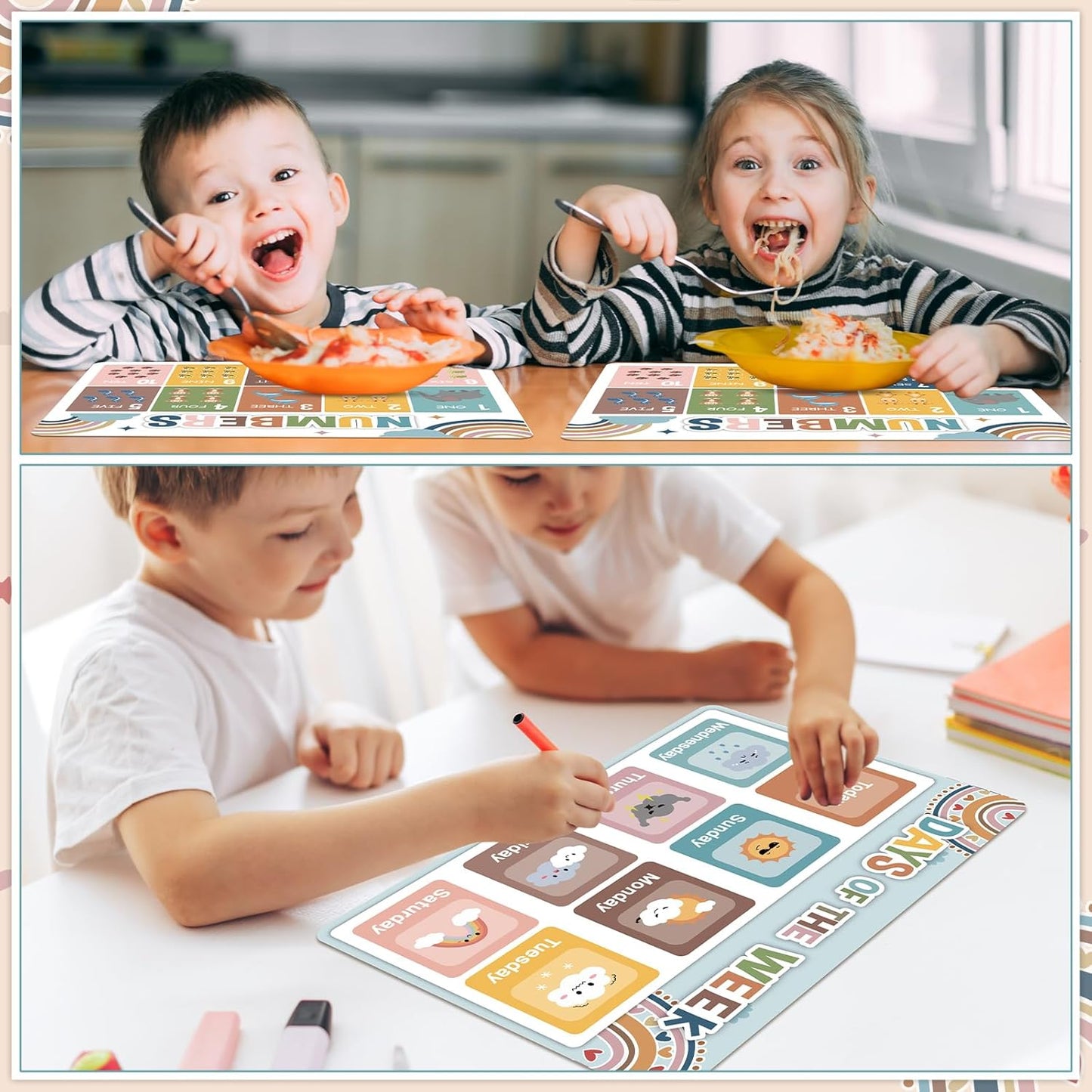 Educational Preschool Kids Placemats Set of 6 Boho Toddler Montessori Plastic Table Mats Non Slip Reusable Kids Place Mats Washable Table Decoration for Indoor Outdoor Party Kitchen Dining
