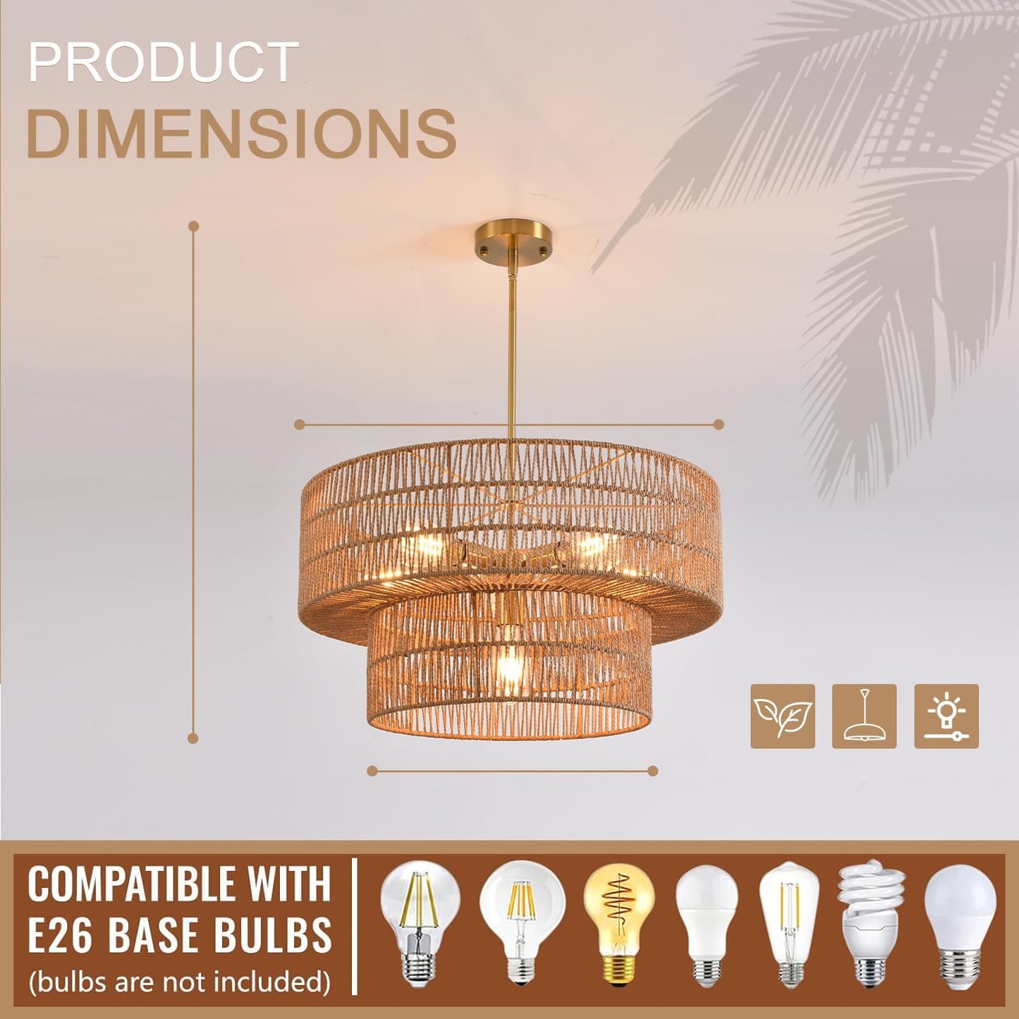 23.62" 6-Light Rattan Farmhouse Chandelier, Boho Large Pendant Light, Large Wicker Chandelier Light Fixtures, Hand Woven Chandeliers, for Dining Room