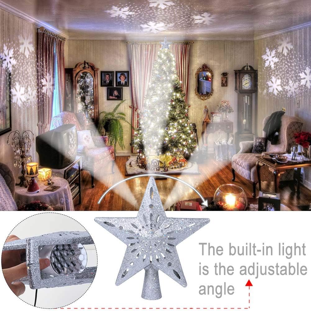 OurWarm Christmas Tree Topper Lighted Star Tree Toppers with LED Rotating Snowflake Projector Lights, 3D Hollow Silver Star Snow Tree Topper for Christmas Tree Decorations