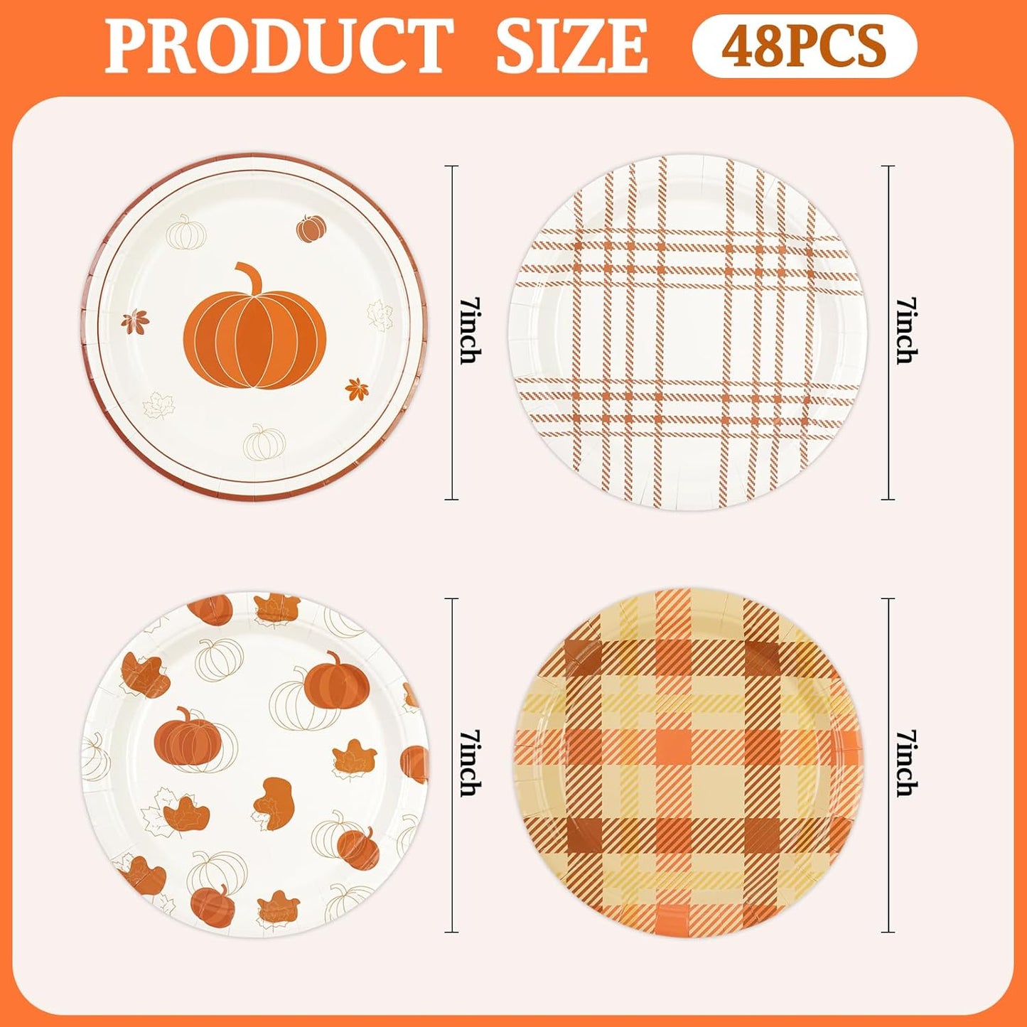 48Pcs Fall 7inch Paper Plates - Pumpkin Maple Leaf Dessert Plates for Cake Salad Fruit Disposable Autumn Party Supplies for Fall Thanksgiving Harvest Picnic Decoration, 4 Styles
