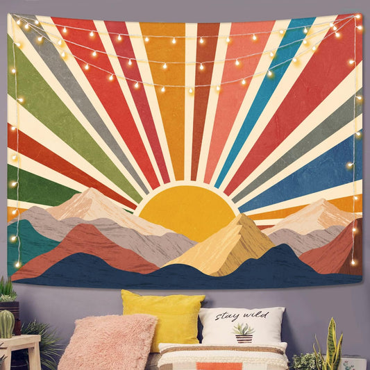 Aipon Vintage Sun Tapestry for Classroom Rainbow Boho 70s Sunshine Sunset Tapestries Wall Hanging Aesthetic Retro Tapestrys for Living Room Dorm (Yellow, 48'' × 36'')