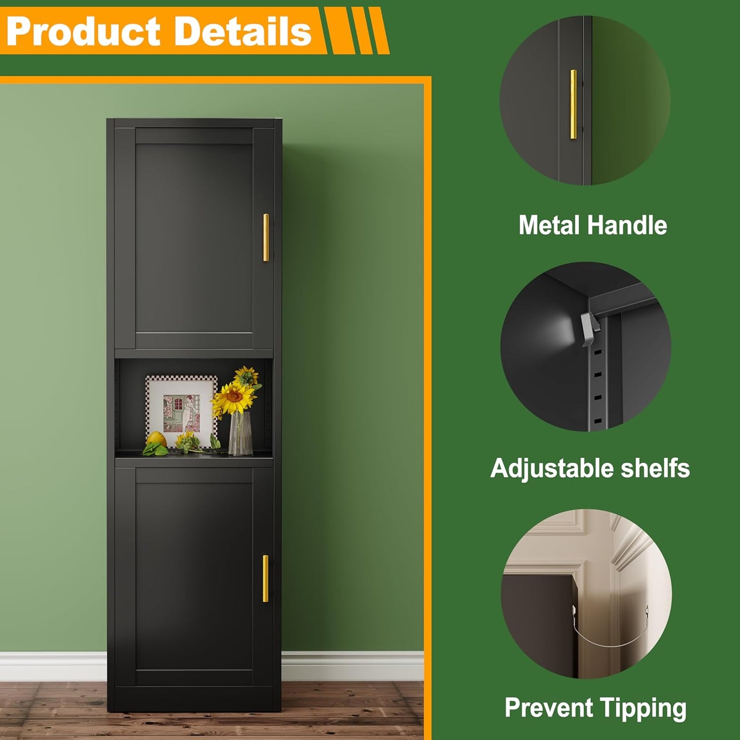 Tall Narrow Storage Cabinet 66.93" H Tall Bathroom Cabinet Metal Pantry Cabinets, 4 Adjustable Shelves for Kitchen, Home Office, Living Room, Dinning Room (16 inches Wide Black)