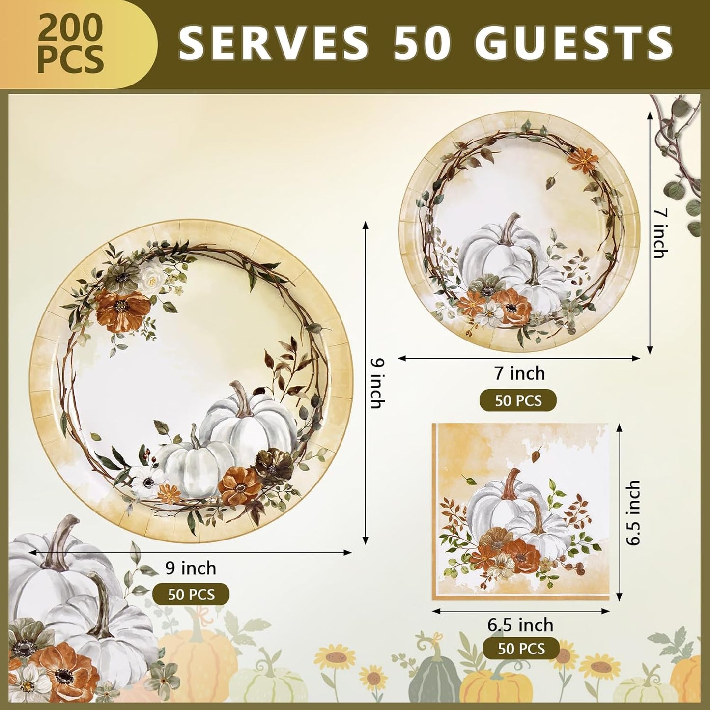 Homlouue 200 PCS Fall Plates and Napkins, Thanksgiving Plates and Napkins Sets, Watercolor Pumpkins Plate and Napkin for Fall Dinner, Thanksgiving Paper Plate for fall Autumn Harvest Party Supplies