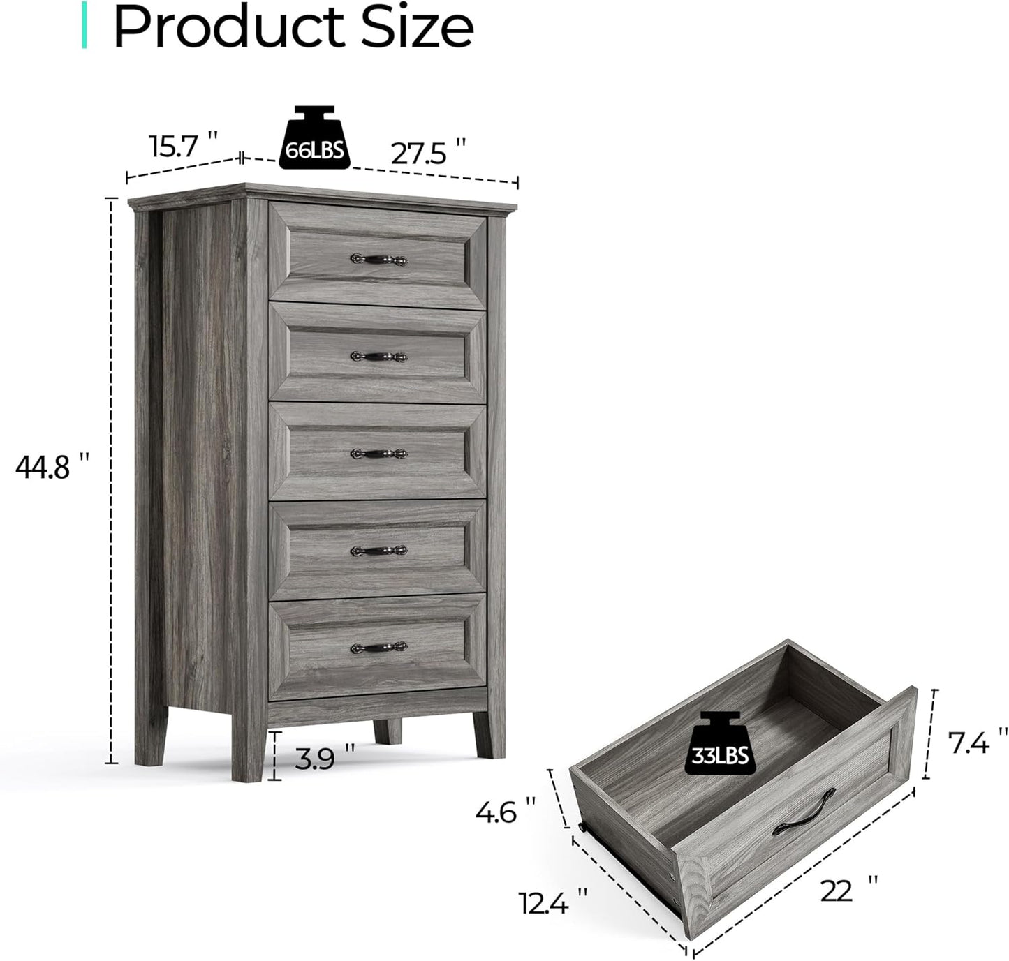 LINSY HOME Farmhouse 5-Drawer Dresser - Grey Chest of Drawers for Bedroom and Living Room Organization, Wood Dresser with Ample Storage Space and Rustic Charm