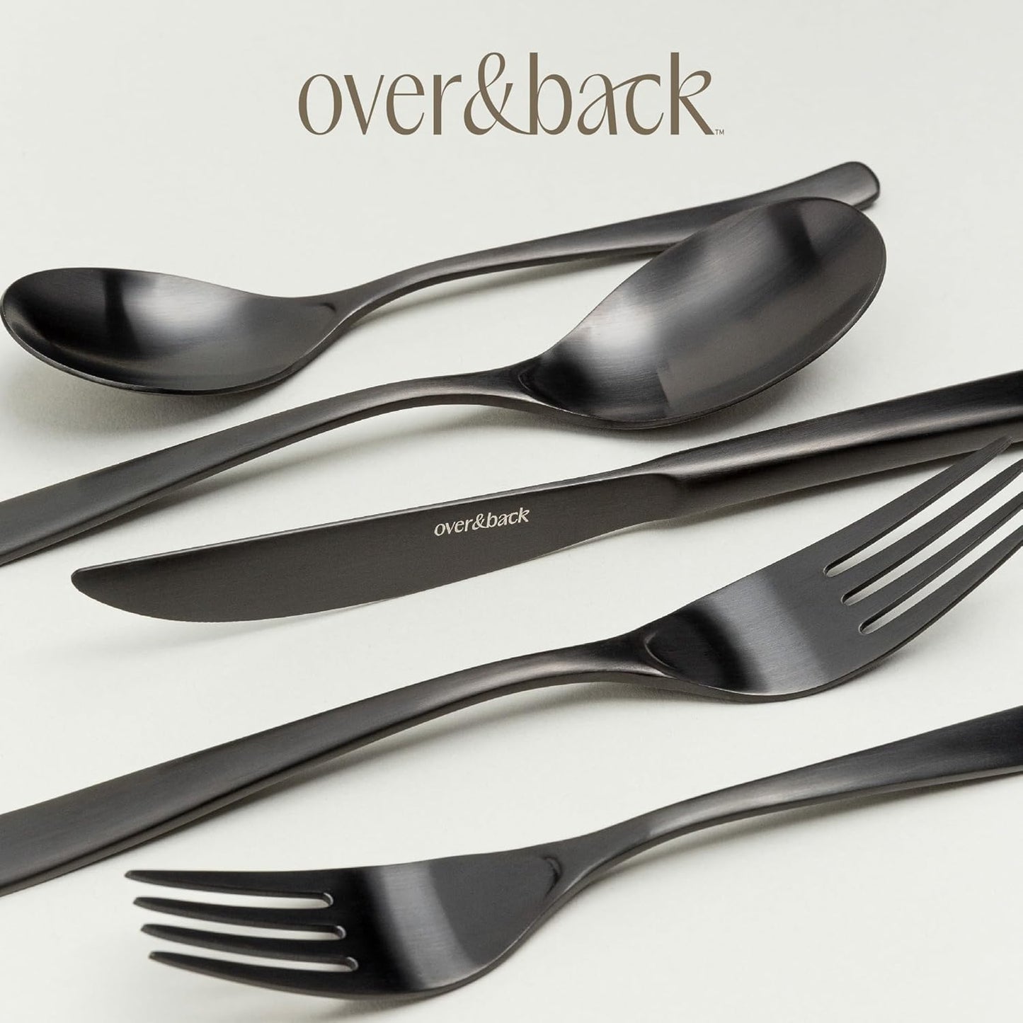 over&back 20pc Curved Flatware Cutlery Set - Comes with 4 Dinner Forks, 4 Salad Forks, 4 Dinner Knives, 4 Dinner Spoons, and 4 Teaspoons - 18/8 Stainless Steel - Dishwasher-Safe - Matte Black