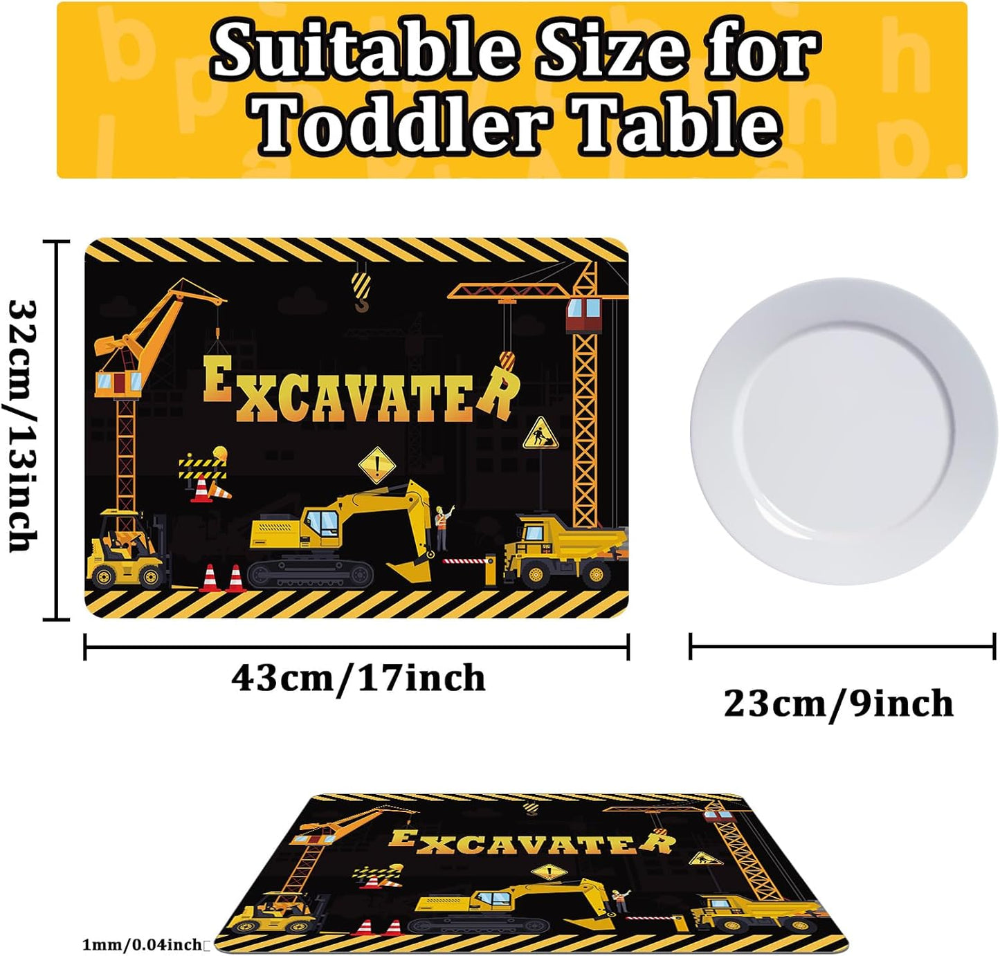 Construction Placemats Set of 6 Toddler Plastic Table Mats Dump Truck Place Mats Washable Vinyl Nursery Homeschool Table Decoration for Indoor Outdoor Party Kitchen Dining