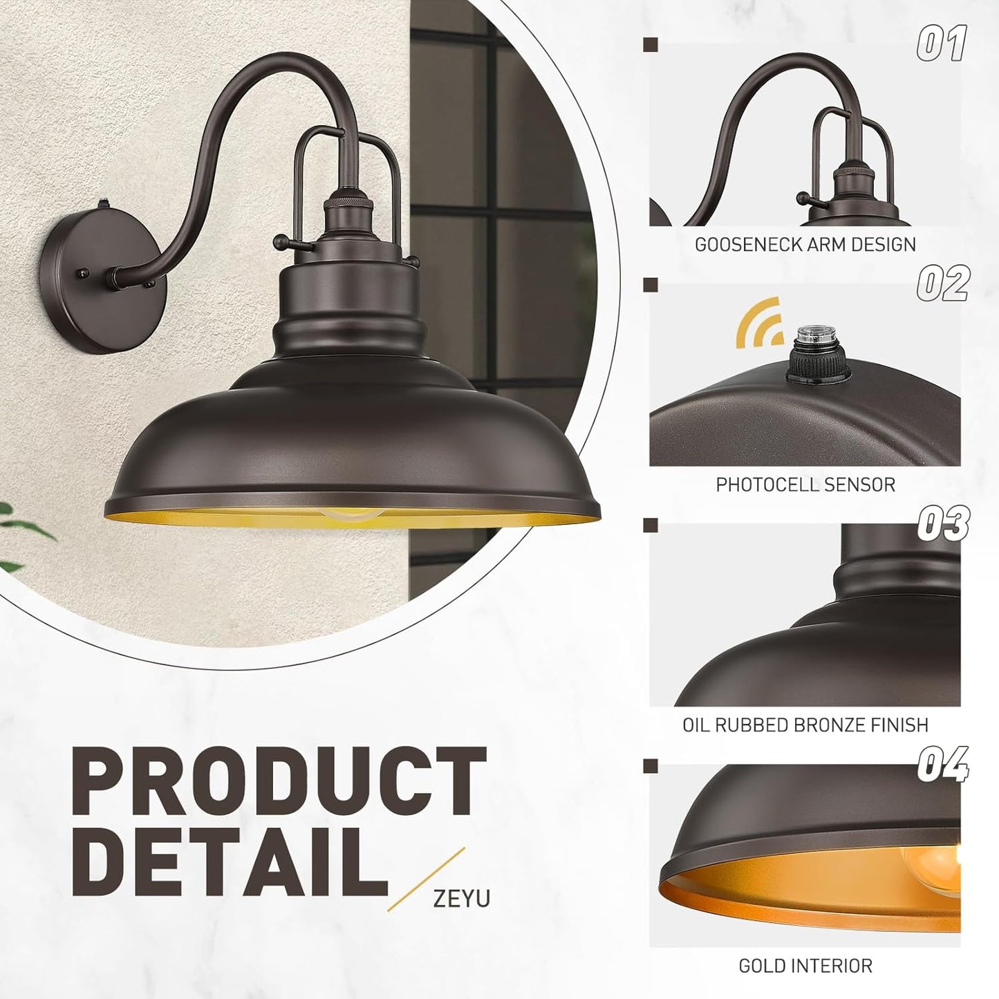 zeyu 18 Inch Vintage Gooseneck Wall Light Fixture, Outdoor Dusk to Dawn Barn Light, Farmhouse Wall Sconce Light for Garden Garage, Oil Rubbed Bronze Finish, 016-1BL-PC ORB