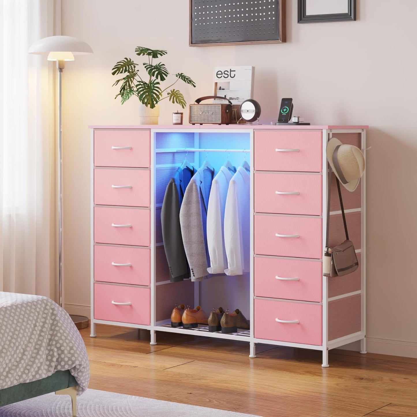 LUMTOK 2-in-1 Dresser with Hanging Rack, 10 Drawers Dresser for Bedroom,Dressers with Fabric Drawers,LED Lights, Charging Station and Hanging Racks for Bedroom (Pink)