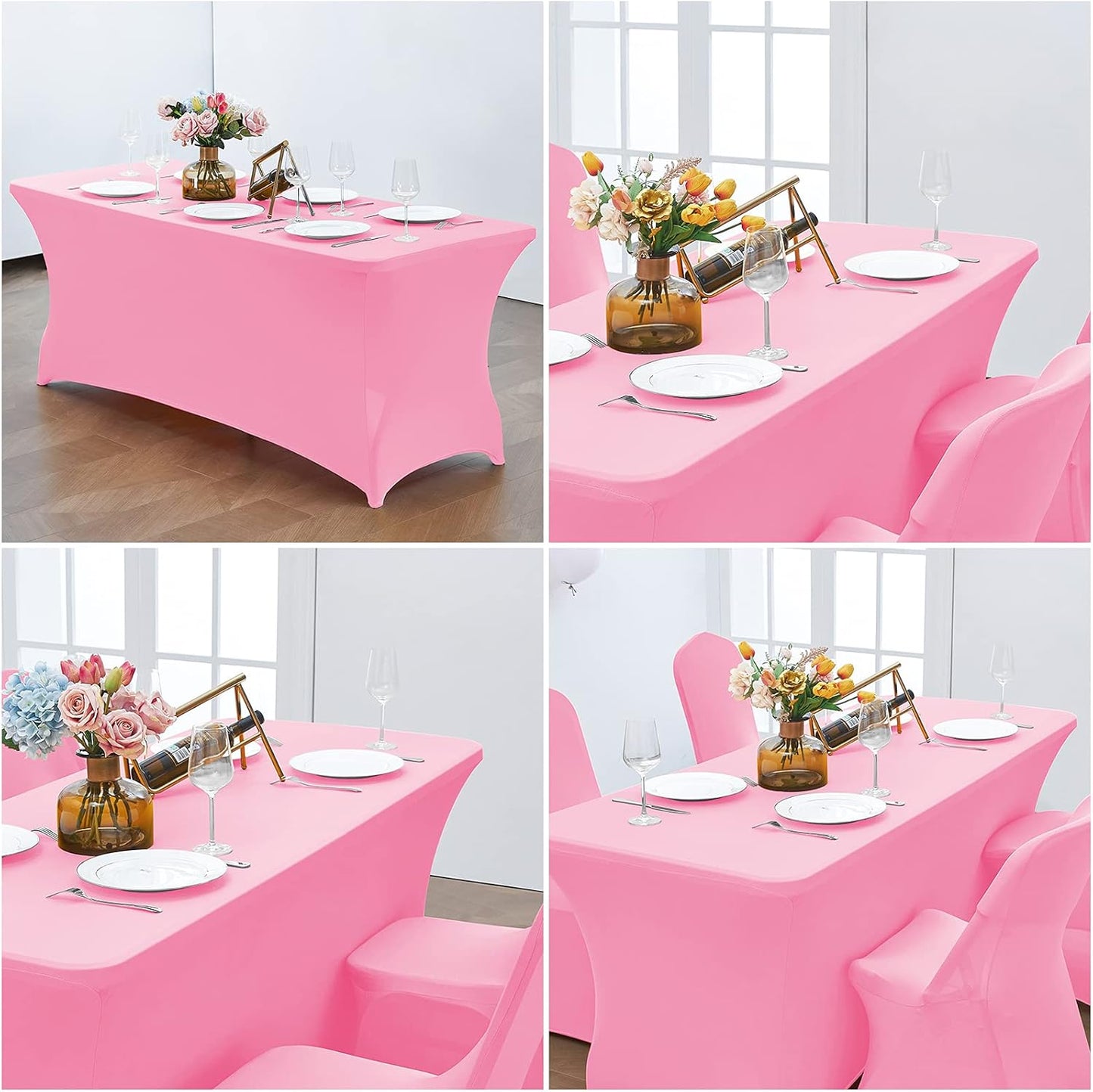 CWK 8FT Waterproof Stretch Spandex Table Cover for Rectangular Tables - Elastic Fitted Tablecloth for Folding Tables,Wrinkle Resistant Table Cloth for Parties, Weddings, Banquets & Events (Pink)