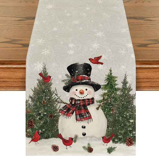 Artoid Mode Snowman Birds Trees Christmas Table Runner, Seasonal Silver Winter Holiday Kitchen Dining Table Decoration for Home Party Decor 13 x 60 Inch